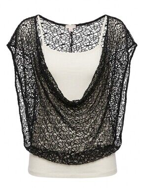 Minerva M Medium Black Crochet Overlay Sleeveless White Spaghetti Strap Tank Top
